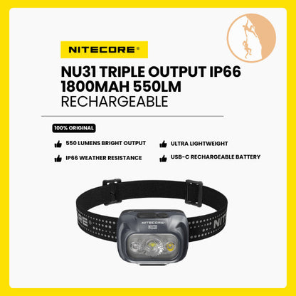 Senter Kepala - NITECORE Headlamp LED Senter Kepala Triple Output IP66 1800mAh 550lm - NU31 (Gray)