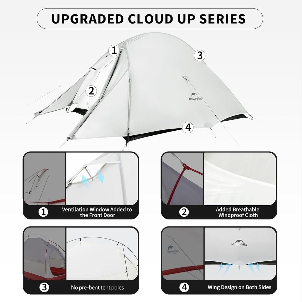 Tenda Camping/Ultralight Backpacking Tent - Naturehike Cloud Up™ UL / Kapasitas 1 Orang / 15D Nylon (Moon Rock Grey)