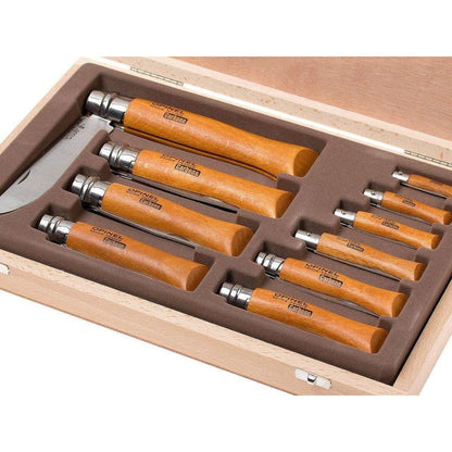 Opinel Collection of 10 Carbon Steel Folding Knives - Wooden Case