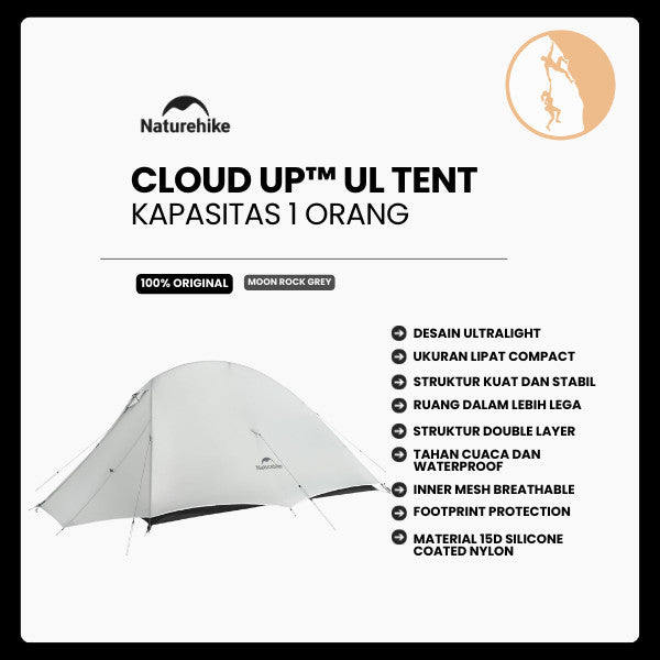 Tenda Camping/Ultralight Backpacking Tent - Naturehike Cloud Up™ UL / Kapasitas 1 Orang / 15D Nylon (Moon Rock Grey)