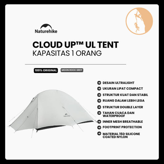 Tenda Camping/Ultralight Backpacking Tent - Naturehike Cloud Up™ UL / Kapasitas 1 Orang / 15D Nylon (Moon Rock Grey)