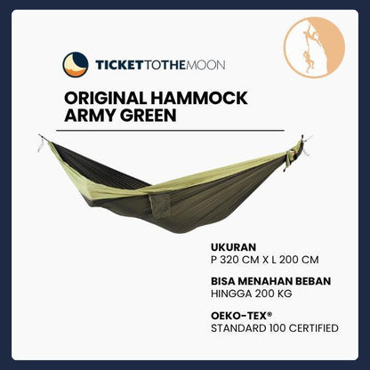 Ticket To The Moon Original Hammock Army Green / Green Apple - Hammock Camping Outdoor Tidur Ayunan Gunung 320x200 cm Ringan Serbaguna OEKO-TEX Certified