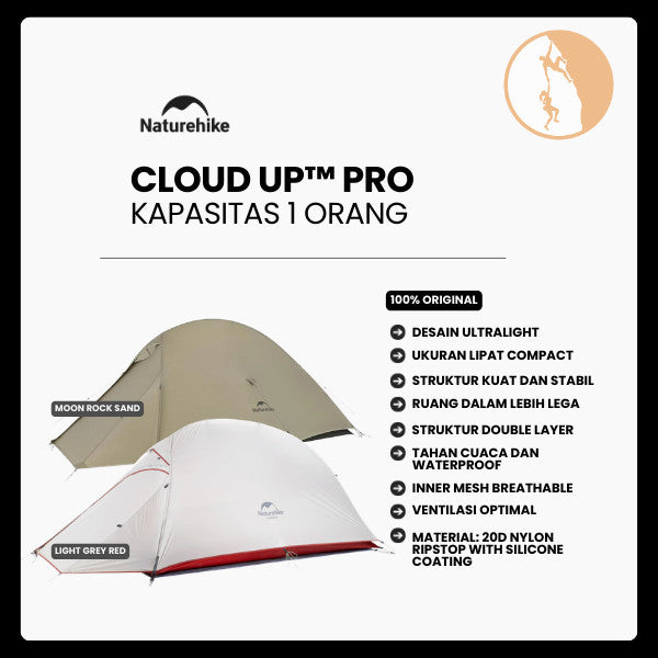 Tenda Camping/Ultralight Backpacking Tent - Naturehike Cloud Up™ PRO/ Kapasitas 1 Orang / 20D Nylon
