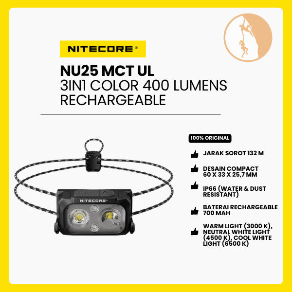 Senter Kepala LED Headlamp - NITECORE NU25 MCT UL 3in1 Color 400 Lumens 700mAh IP66