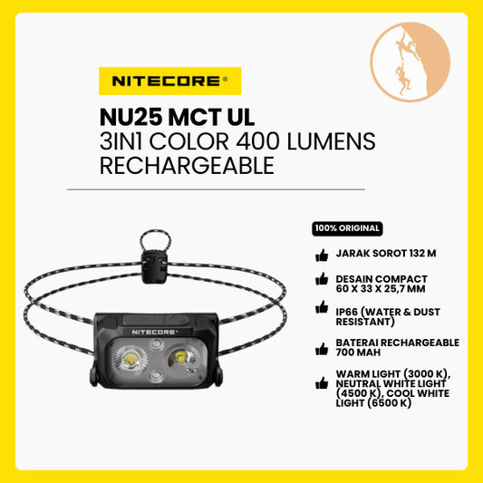 Senter Kepala LED Headlamp - NITECORE NU25 MCT UL 3in1 Color 400 Lumens 700mAh IP66