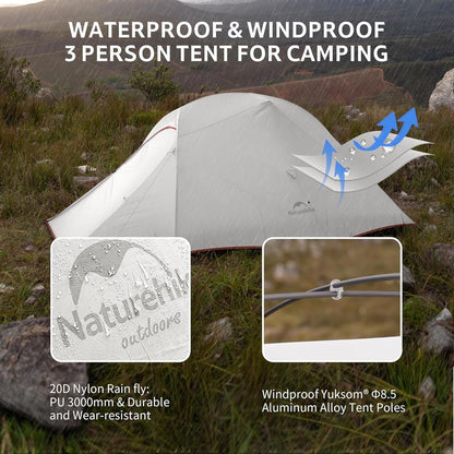 Tenda Camping/Ultralight Backpacking Tent - Naturehike Cloud Up™ PRO/ Kapasitas 3 Orang / 20D Nylon