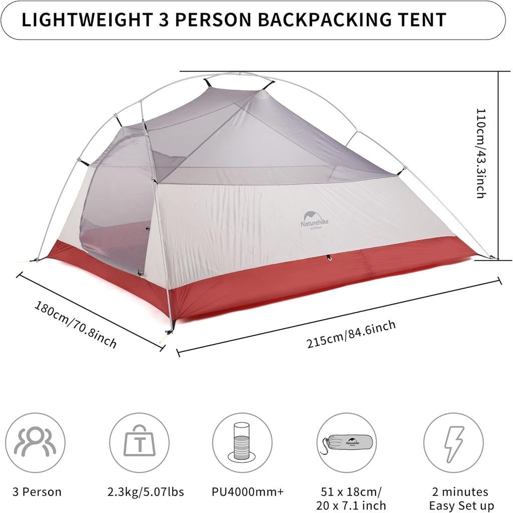 Tenda Camping/Ultralight Backpacking Tent - Naturehike Cloud Up™ PRO/ Kapasitas 3 Orang / 20D Nylon