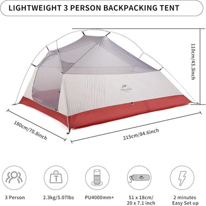 Tenda Camping/Ultralight Backpacking Tent - Naturehike Cloud Up™ PRO/ Kapasitas 3 Orang / 20D Nylon
