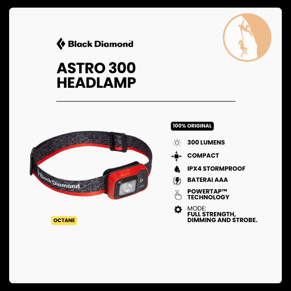 Black Diamond Astro 300 Headlamp Original - Senter Kepala Hiking/Trail Running/Camping