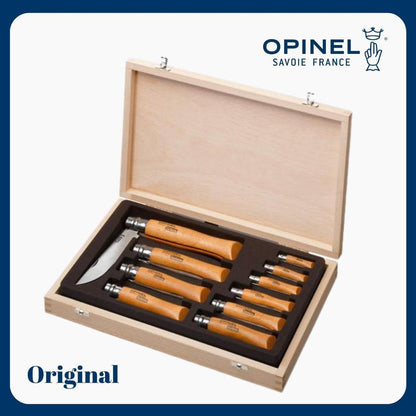Opinel Collection of 10 Carbon Steel Folding Knives - Wooden Case