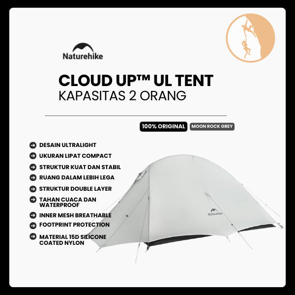 Tenda Camping/Ultralight Backpacking Tent - Naturehike Cloud Up™ UL / Kapasitas 2 Orang / 15D Nylon (Moon Rock Grey)