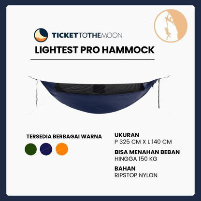 Ticket To The Moon Lightest Pro Hammock - Hammock Outdoor Camping dengan Jaring Serangga Terintegrasi Bahan Ripstop Nylon 20D Kapasitas 150kg