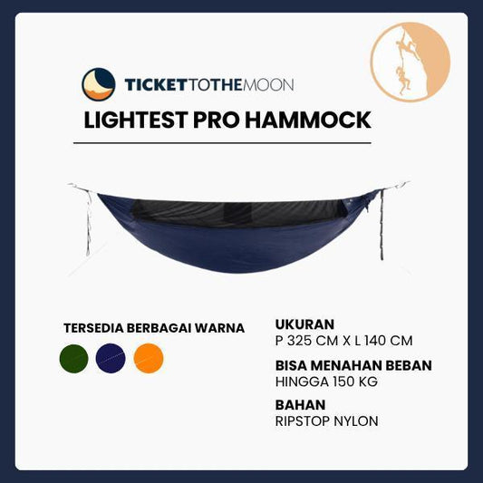 Ticket To The Moon Lightest Pro Hammock - Hammock Outdoor Camping dengan Jaring Serangga Terintegrasi Bahan Ripstop Nylon 20D Kapasitas 150kg