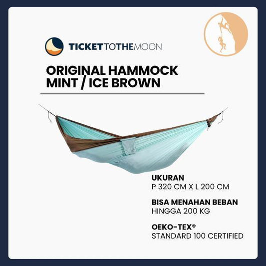 Ticket To The Moon - Hammock Original Mint / Ice Brown, Desain Lebar, Ringan 600g, Tahan Lama, Multifungsi untuk Camping & Tidur, Dimensi 320x200cm, OEKO-TEX, Pemasangan Cepat, Tas Ekspres, Kait S
